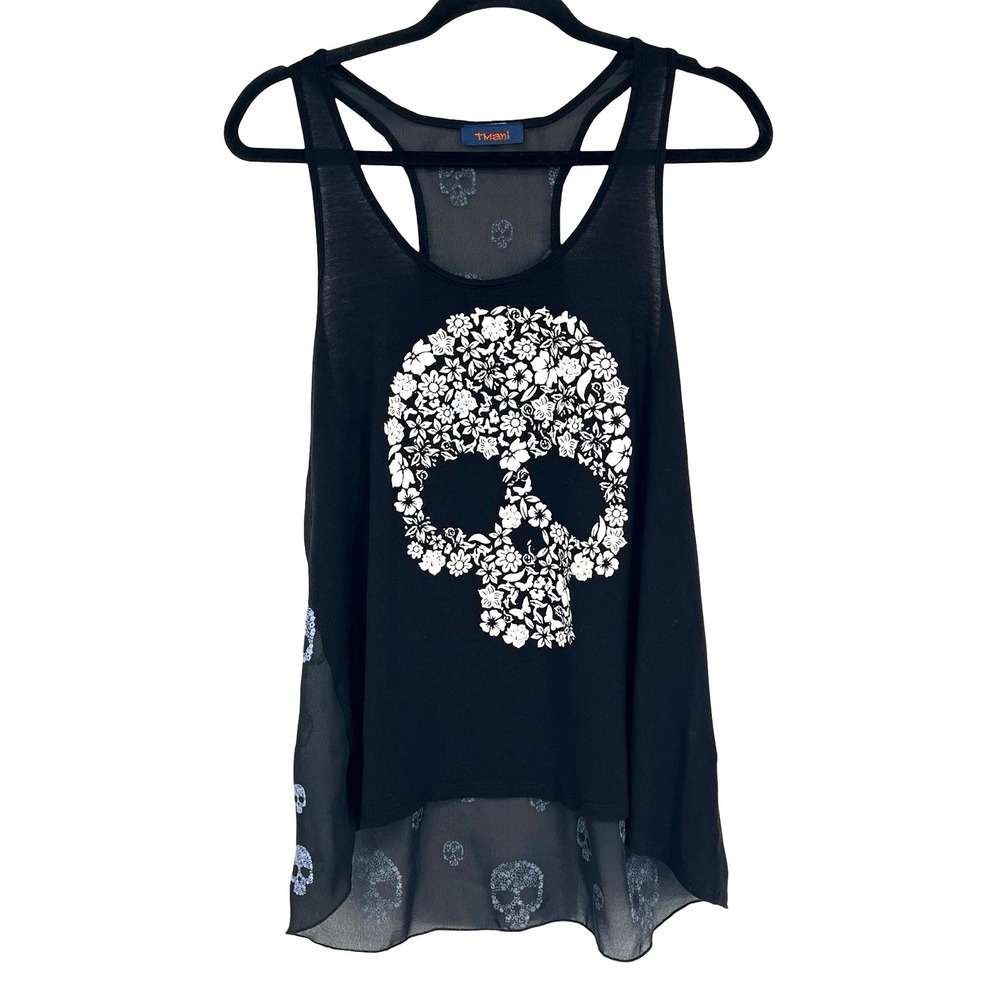 Tmani Black Skull Tank Top Womens Gothic Floral Sheer Chiffon Racerback Tunic